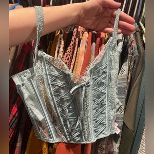 NWT sage corset crop with lace and satin detail, mesh sides with hook and eye